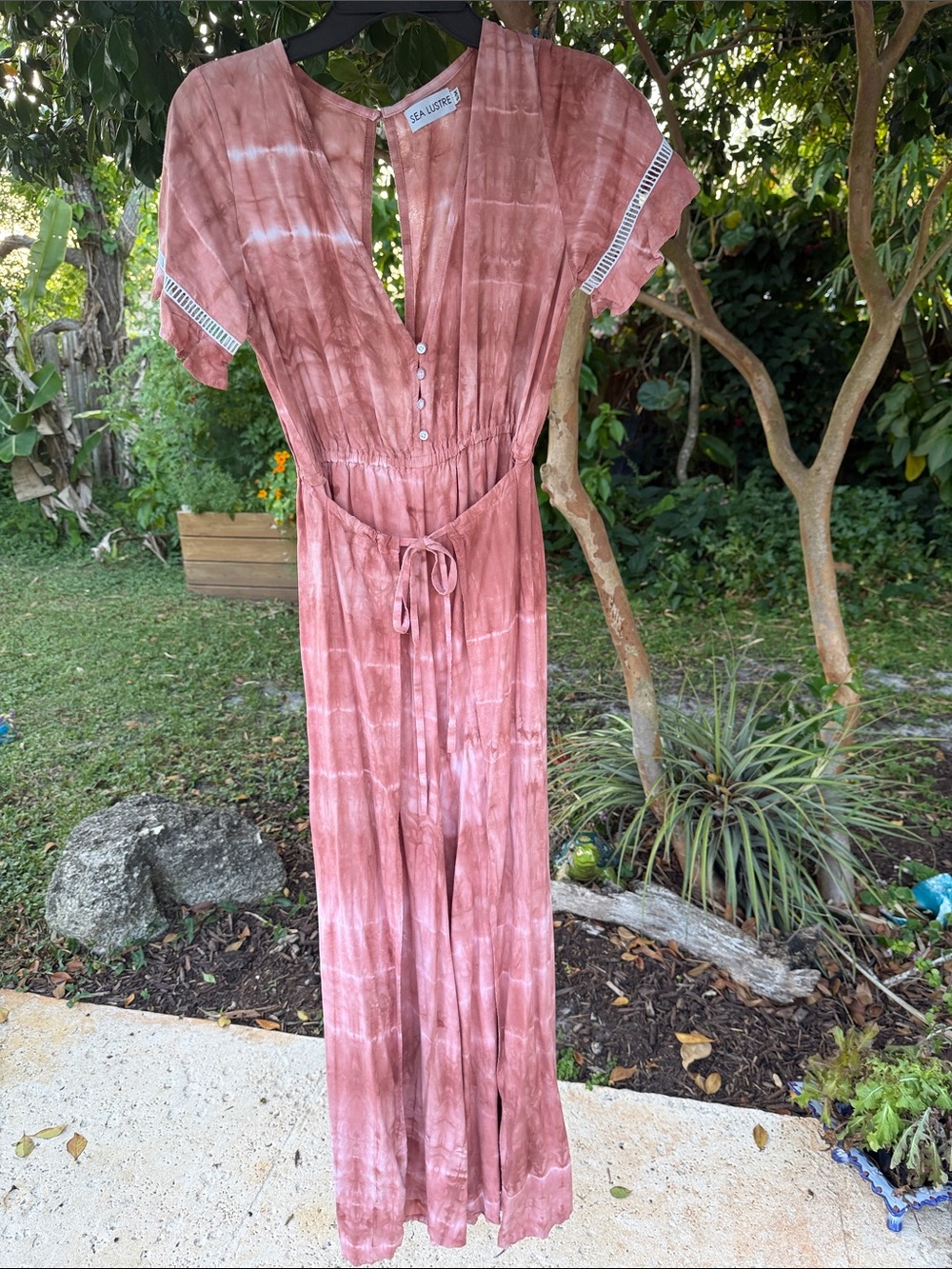 Sea Lustre Mauve Pink Cream Short Sleeve Boho Tie-Dye Jumpsuit Side Slits S/M